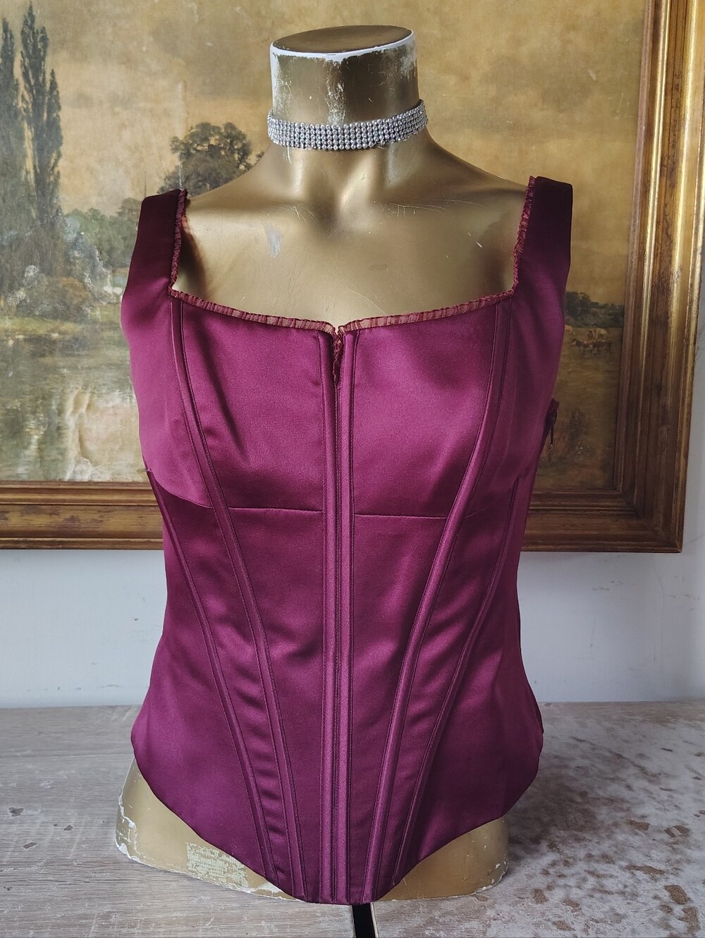 Burgundy David's Bridal Satin Boned Corset Top Lace-Up Bustier Tank Sz 6 Medium
